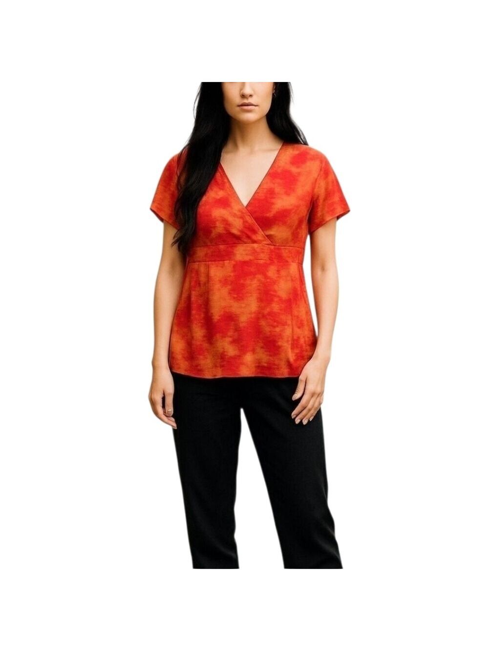 AXCESS Red Pullover Tie Dye Lined Ruched V-Neck Short Sleeve Blouse Top Large
